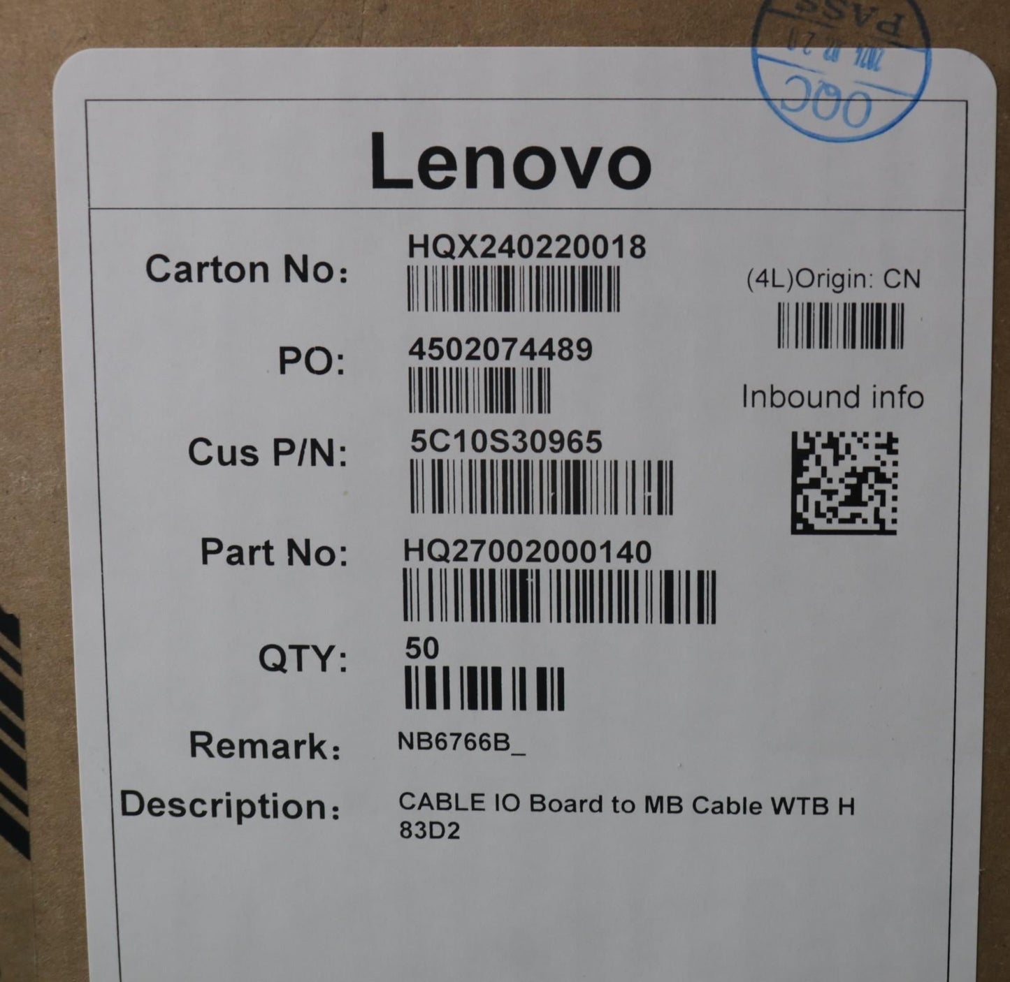 Lenovo IO Board to MB Cable WTB H 83D2 5C10S30965