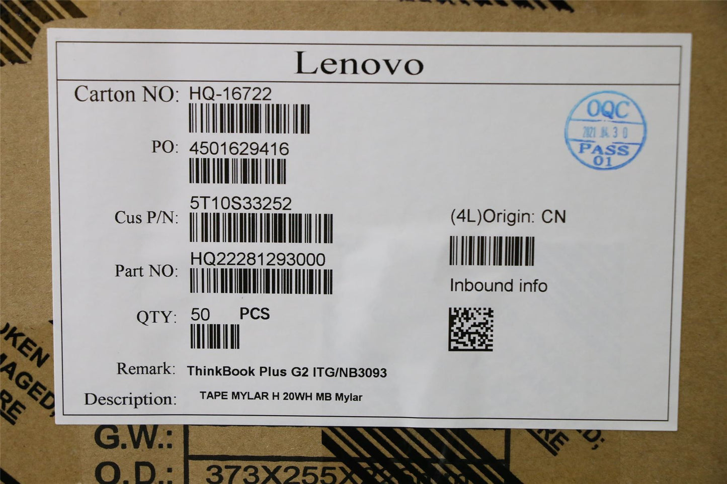 Lenovo TAPE MYLAR H 20WH MB Mylar 5T10S33252