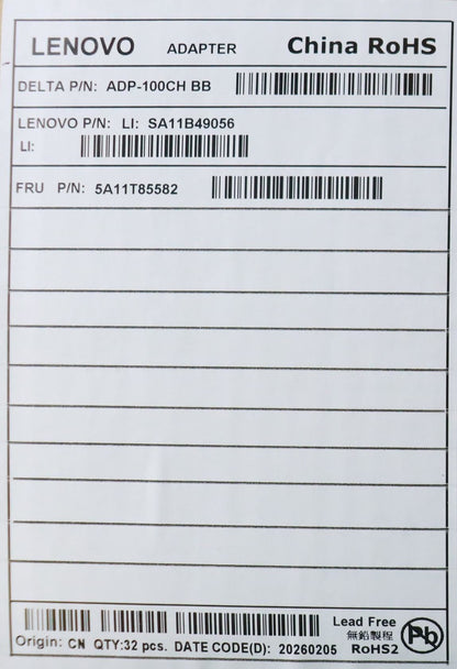 Lenovo AC_ADAPTER 100-240Vac,DT/AIO Type-C 100W USB-C AC Charger Adapter 5A11T85582