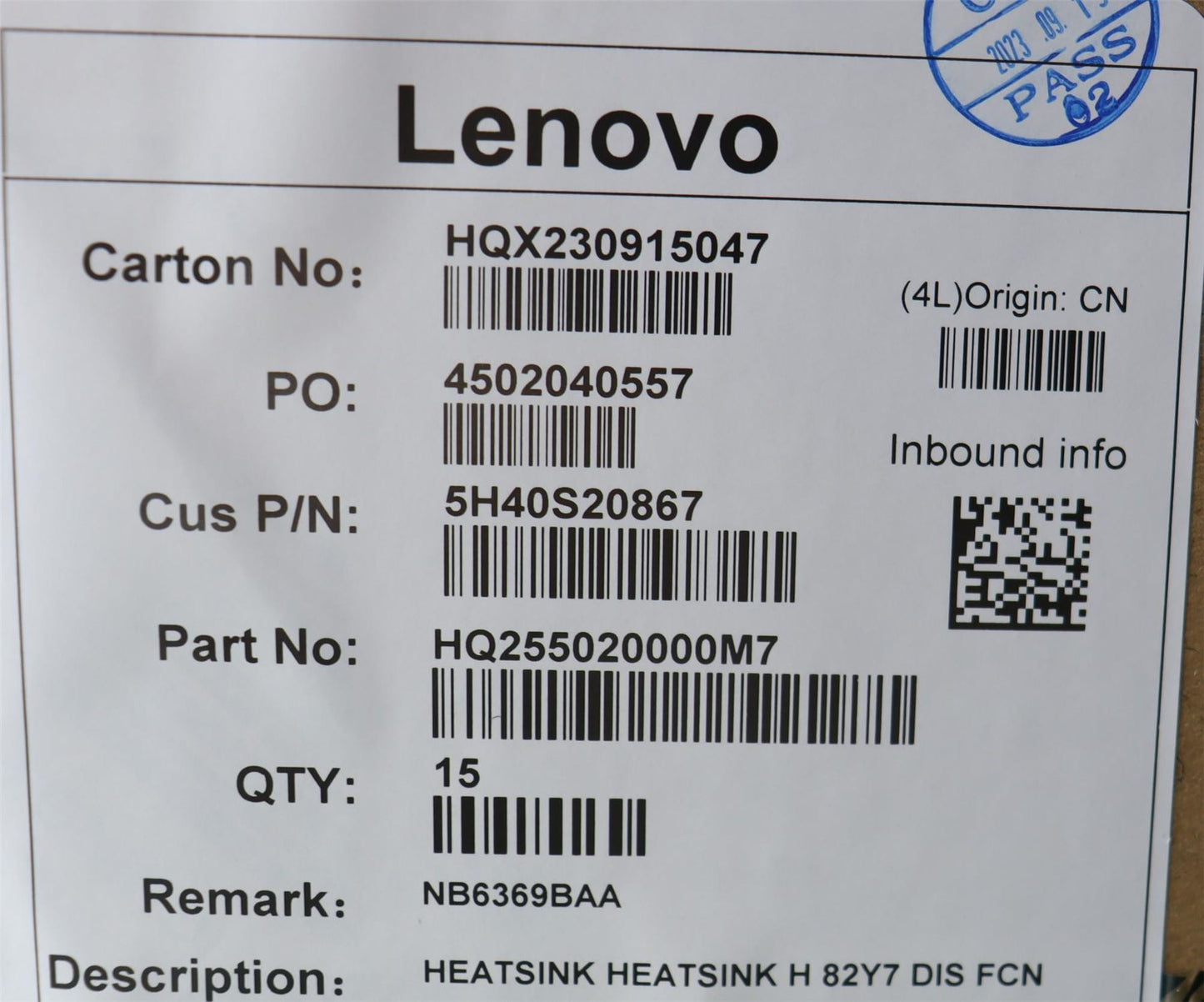 Lenovo HEATSINK HEATSINK H 82Y7 DIS FCN 5H40S20867