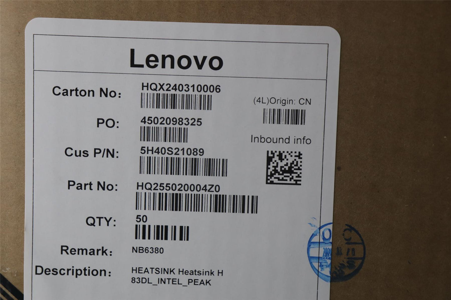 Lenovo HEATSINK Heatsink H 83DL_INTEL_PEAK 5H40S21089