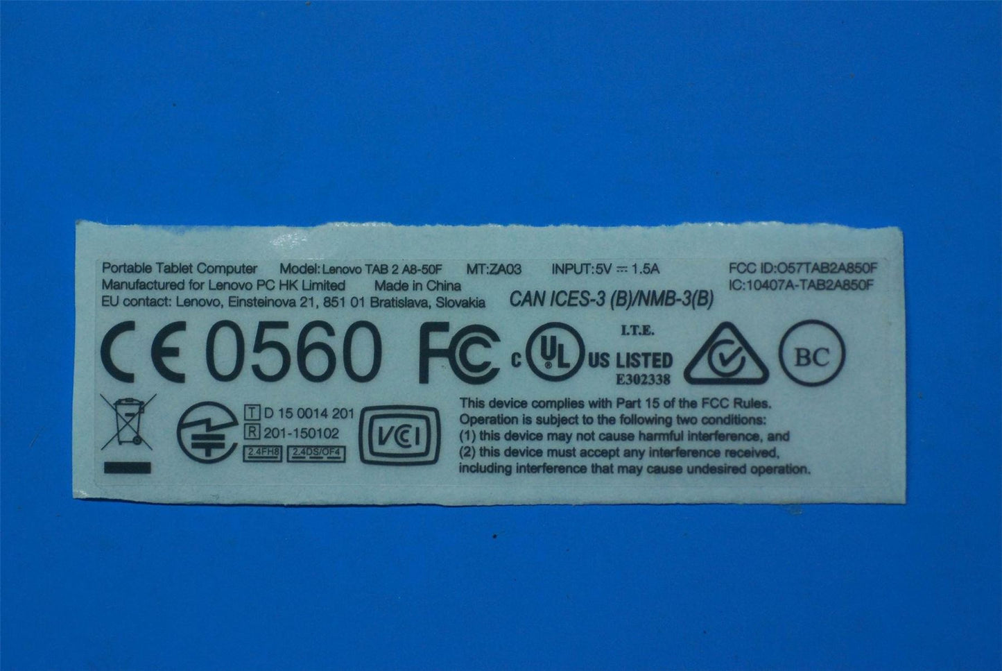 Lenovo A8-50F Rating label &*70152675 CS 5L18C02079