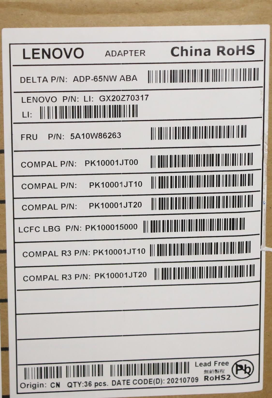 Lenovo AC_ADAPTER PD,65W,20/15/9/5V,2P,CN,DEL 65W USB-C 5V 2 Pin AC Charger Adapter 5A10W86263