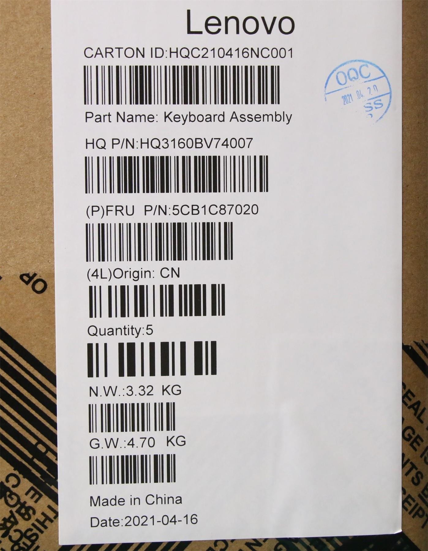Lenovo Pro 5 Pro-16IHU6 Keyboard Palmrest Top Cover US Black 5CB1C87020