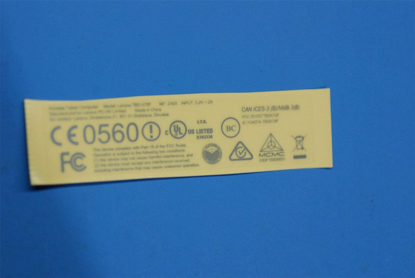 Lenovo TB3-X70F RatingLabel&*HQ60402864000 CS 5L18C05629
