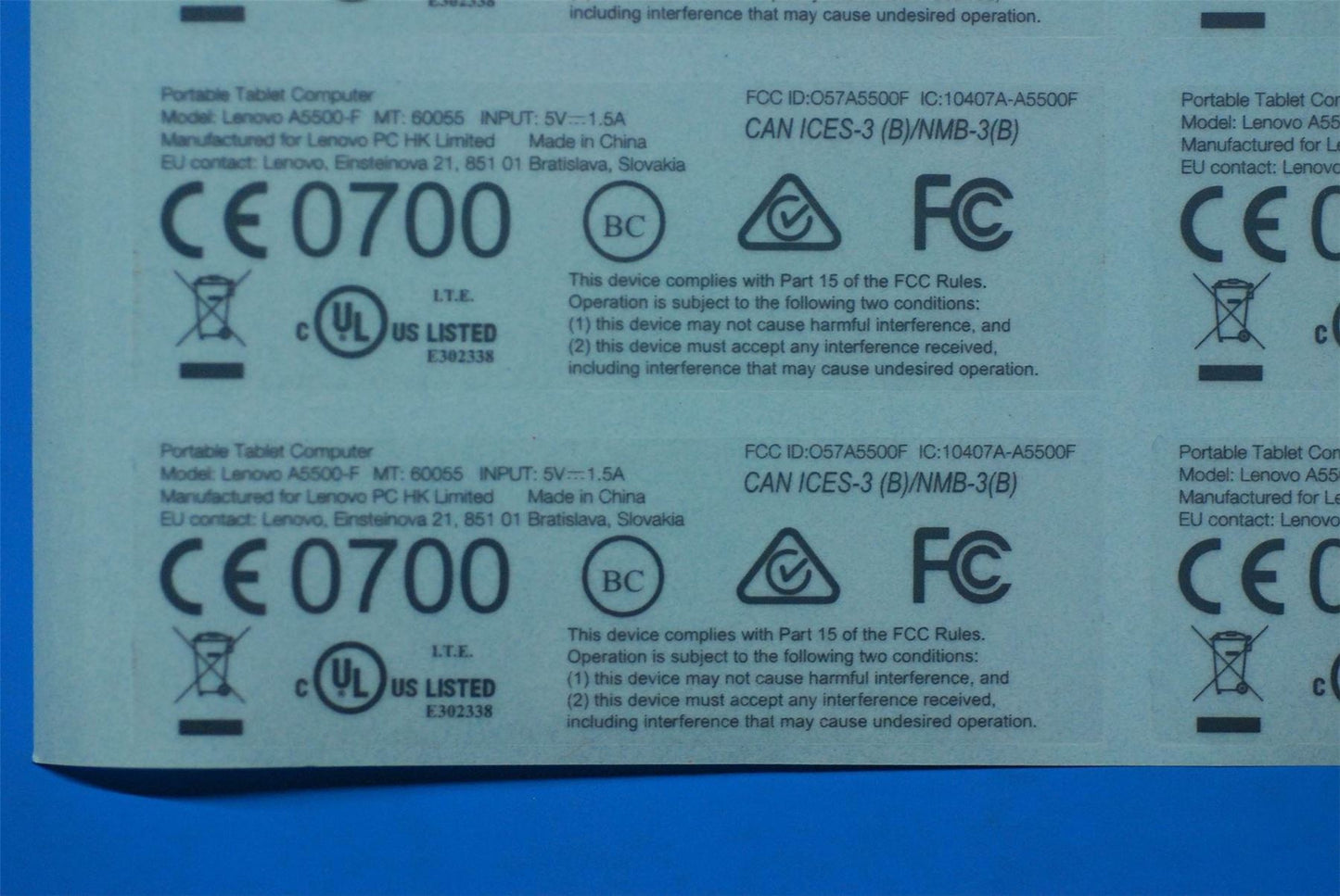 Lenovo A5500 Rating Label&*82LVP60003W CS 5L19A6MVW0