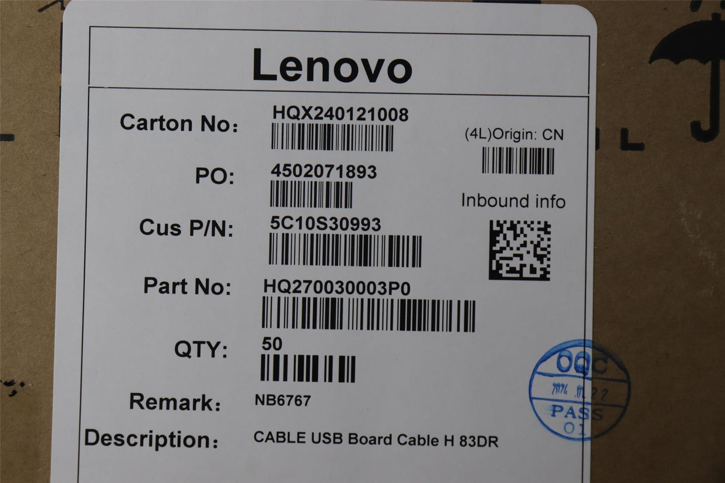 Lenovo USB Board Cable H 83DR 5C10S30993