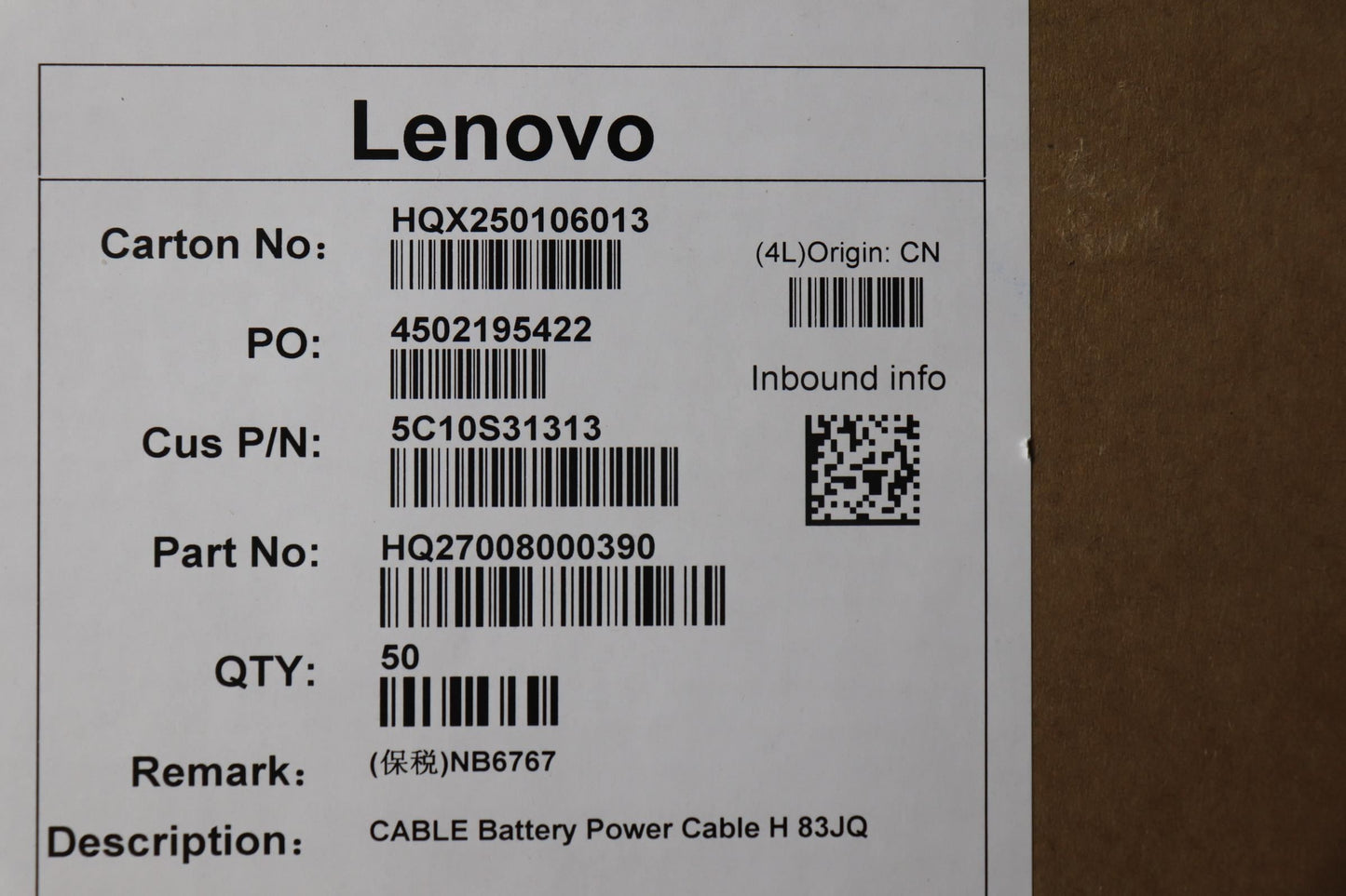 Lenovo Power H 83JQ Battery Cable 5C10S31313