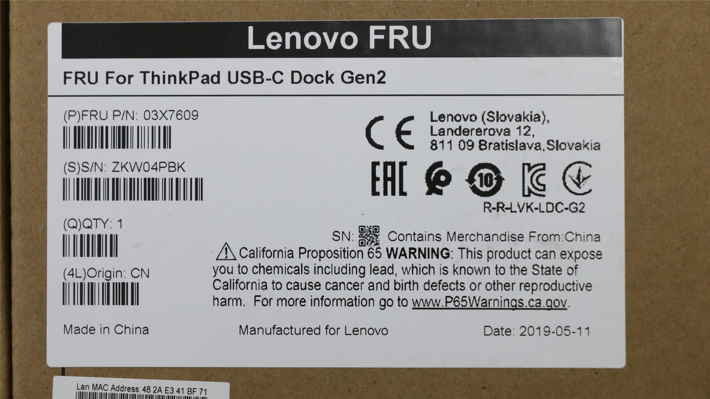Lenovo ThinkPad USB-C Dock Gen 2 Docking Station Black 03X7609